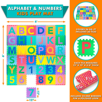 ProSource Kids Puzzle Alphabet, Numbers, 36 Tiles and Edges Play Mat, 12x12, Abc & 123