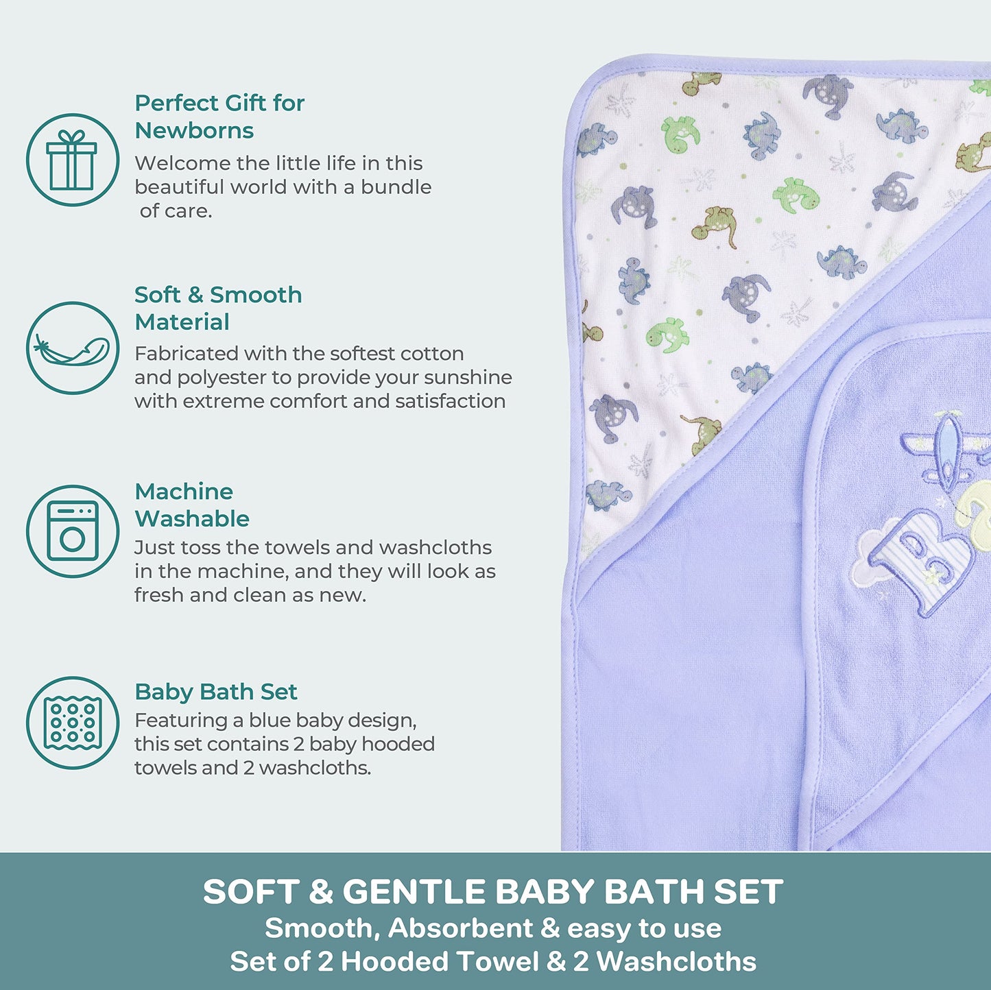 Spasilk Bath Hooded Towels & Washcloths Set for Babies, 2 Hooded Terry Bath Towels & 2 Washcloths, Grey Lion