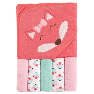 Luvable Friends Unisex Baby Hooded Towel With Five Washcloths, Cotton, Girl Fox, One Size