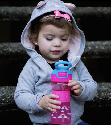 Nuby Thirsty Kids Push Button Flip-It Soft Spout On The Go Water Bottle With Easy Grip Band, Pink Rainbows, 12 Ounce