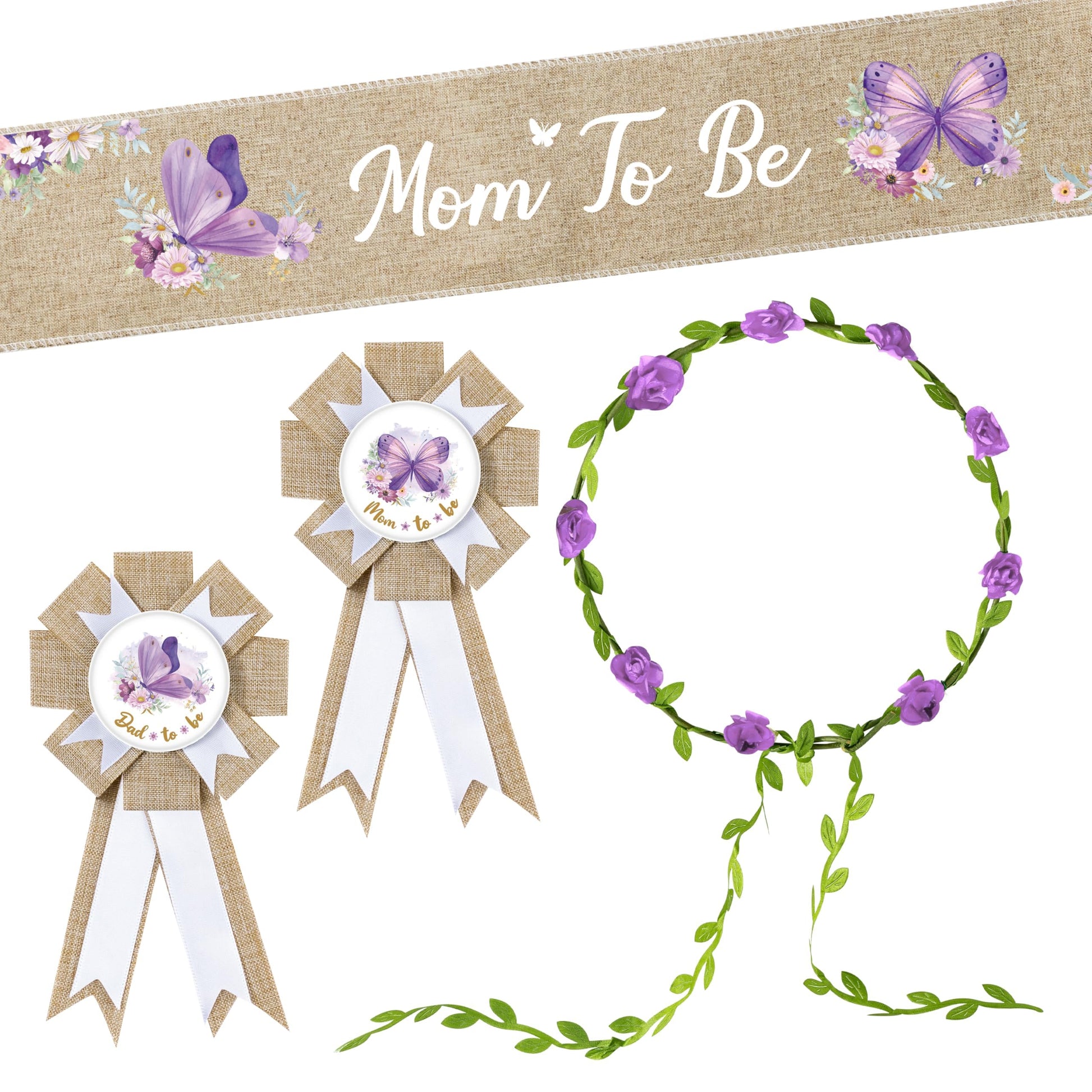 R HORSE 5Pcs Neutral Burlap Mom to Be Sash Dad to Be Pin Baby Shower Decorations, Butterfly Pregnant Mom Sash Corsage Pin and Fl