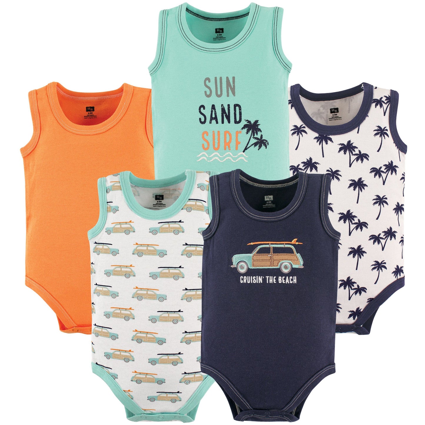 Hudson Baby Unisex Baby Cotton Sleeveless Bodysuits, Surf Car, 6-9 Months