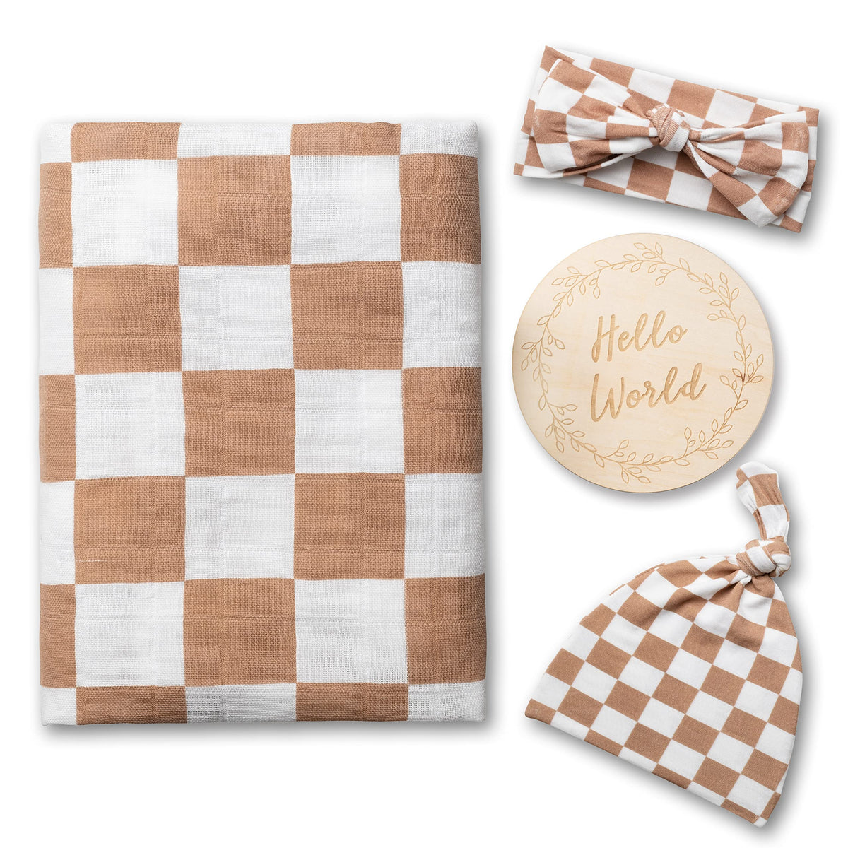 Miaoberry 100% Organic Muslin Swaddle Set| Checkered in Coffee Latte with Matching Hat/Headband