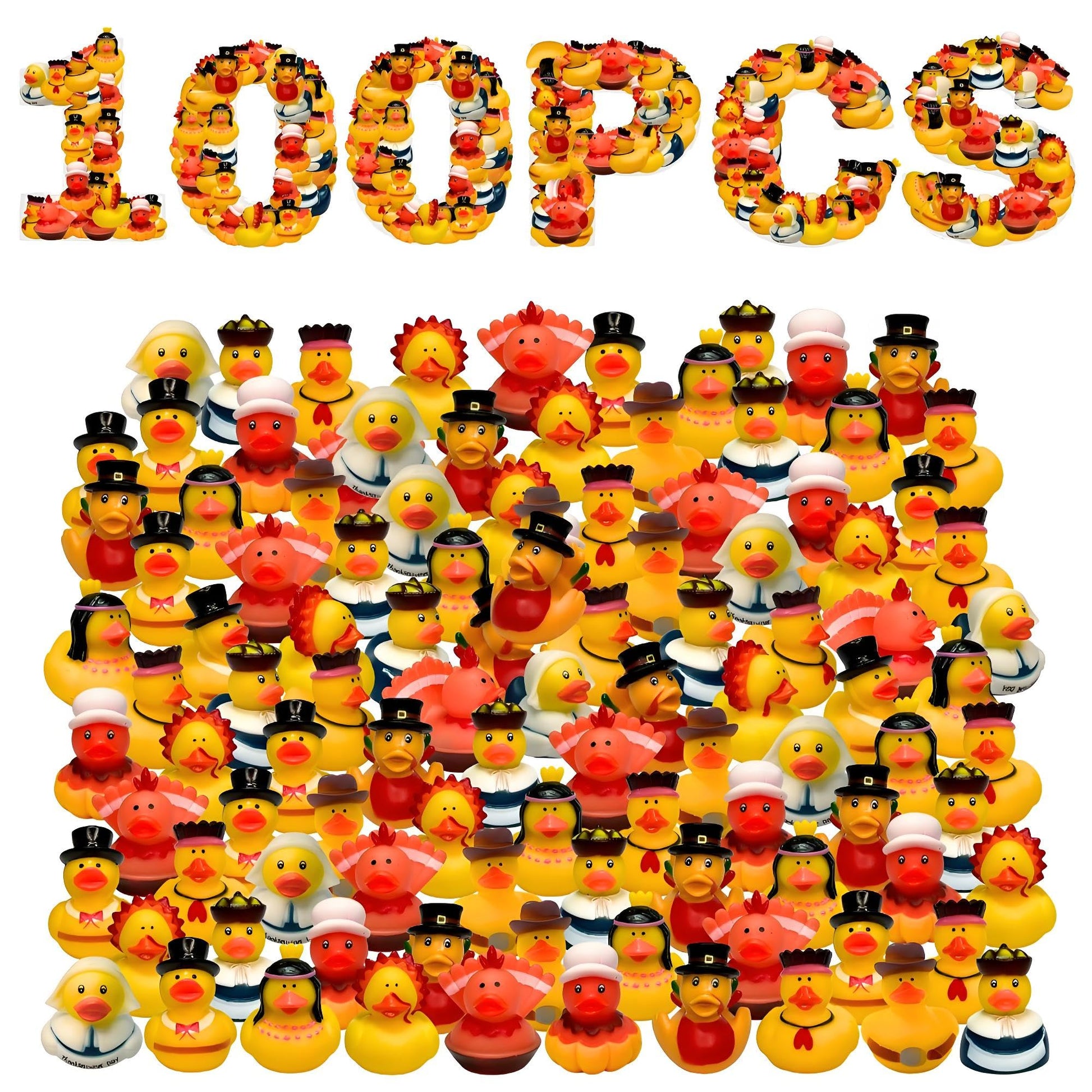 WPQO 100Pcs Thanksgiving Rubber Ducks,2Inches Mini Fall Ducks in Bulk Turkey Ducks,Thanksgiving Party Favors Supplies for Kids A