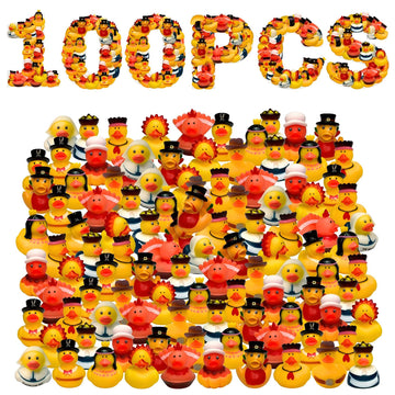 WPQO 100Pcs Thanksgiving Rubber Ducks,2Inches Mini Fall Ducks in Bulk Turkey Ducks,Thanksgiving Party Favors Supplies for Kids A