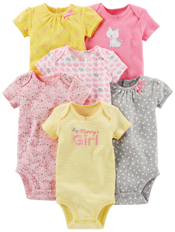 Simple Joys By Carter'S Baby Girls' Short-Sleeve Bodysuit, Pack Of 6, Pink/Yellow, Preemie