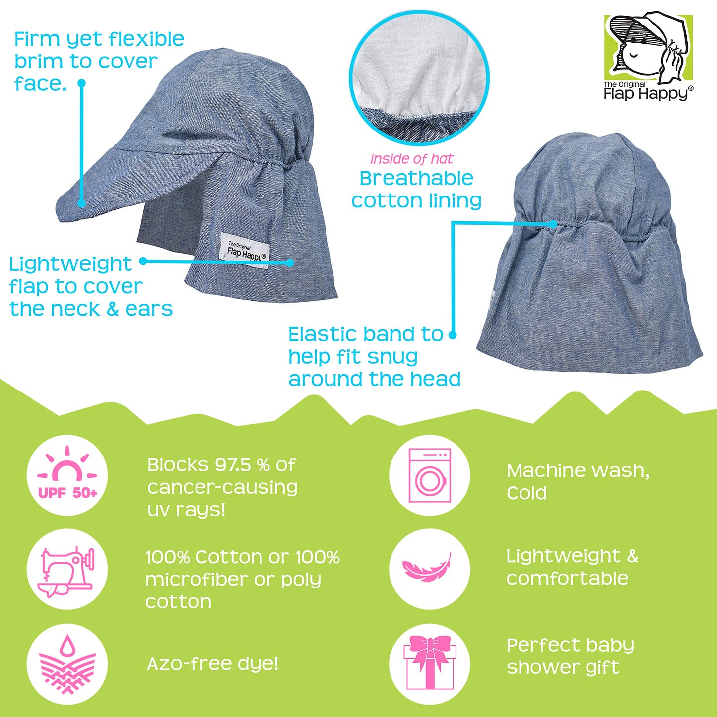 Flap Happy Baby Boys' Cotton Poplin Hat, Chambray Stripe Seersucker, Medium