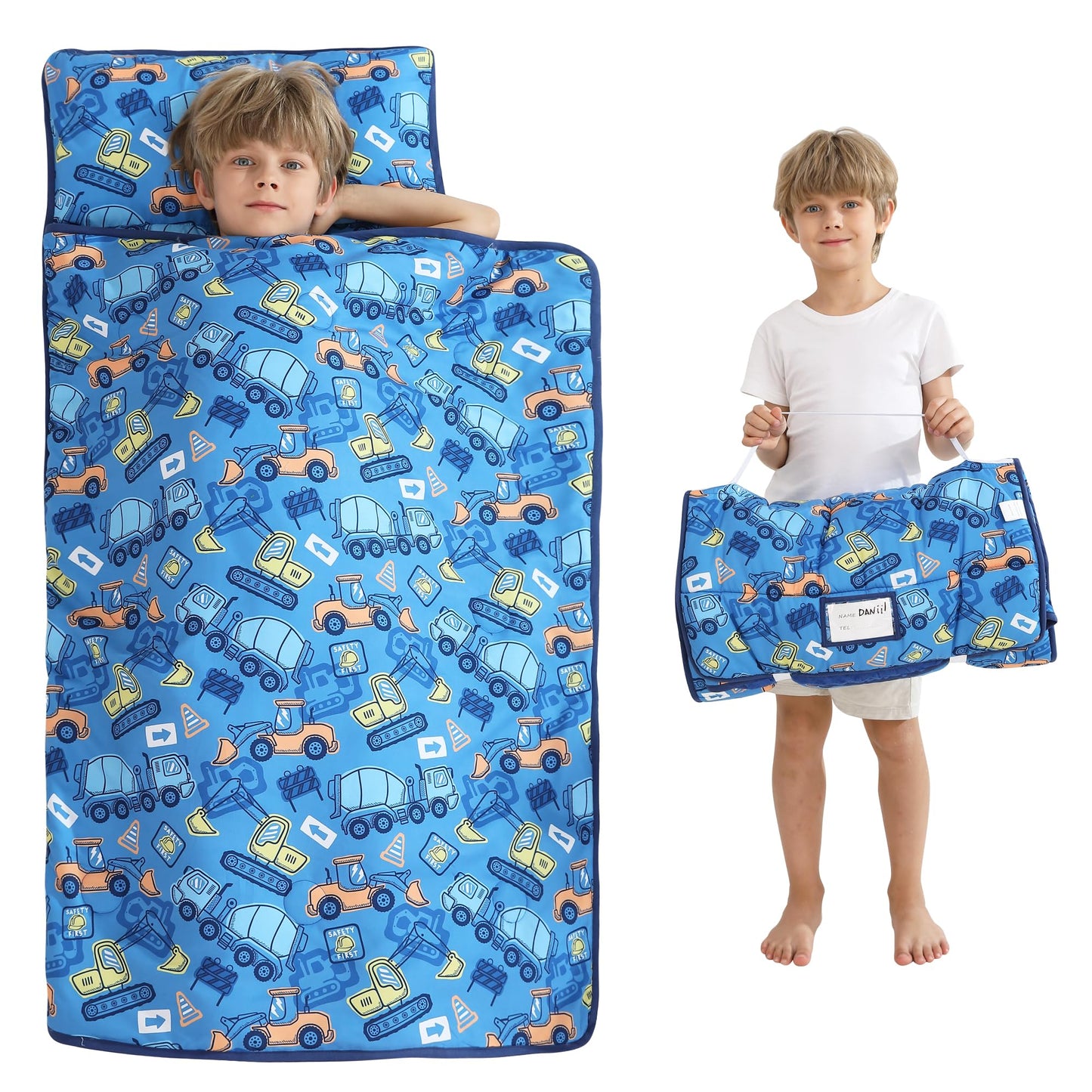 Viviland Toddler Kid Nap Mat for Preschool, Boys Blue Car Slumber Bag, Daycare Sleeping Bag with Pillow and Blanket, Kindergarte