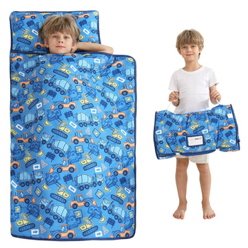Viviland Toddler Kid Nap Mat for Preschool, Boys Blue Car Slumber Bag, Daycare Sleeping Bag with Pillow and Blanket, Kindergarte