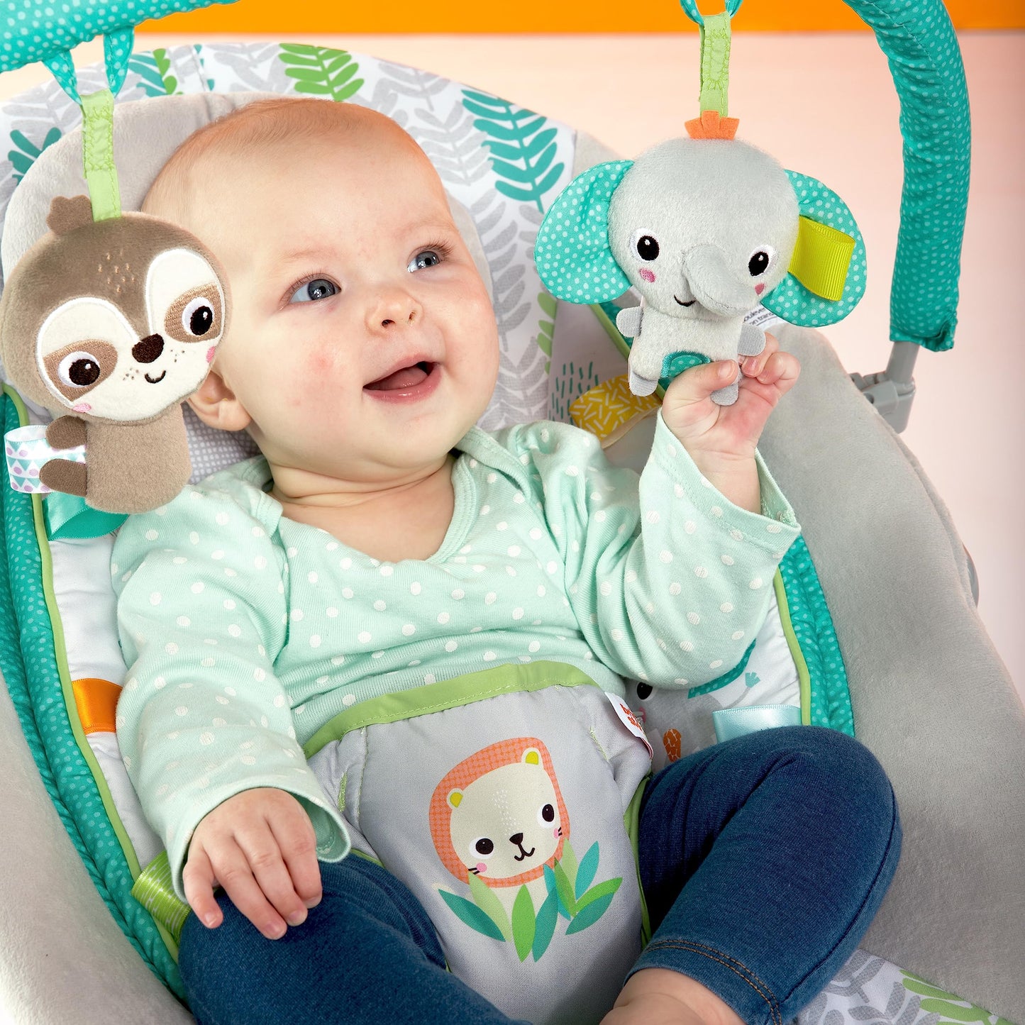 Bright Starts Comfy Baby Bouncer Soothing Vibrations Infant Seat - Taggies, Music, Removable Toy-Bar, 0-6 Months Up To 20 Lbs (J