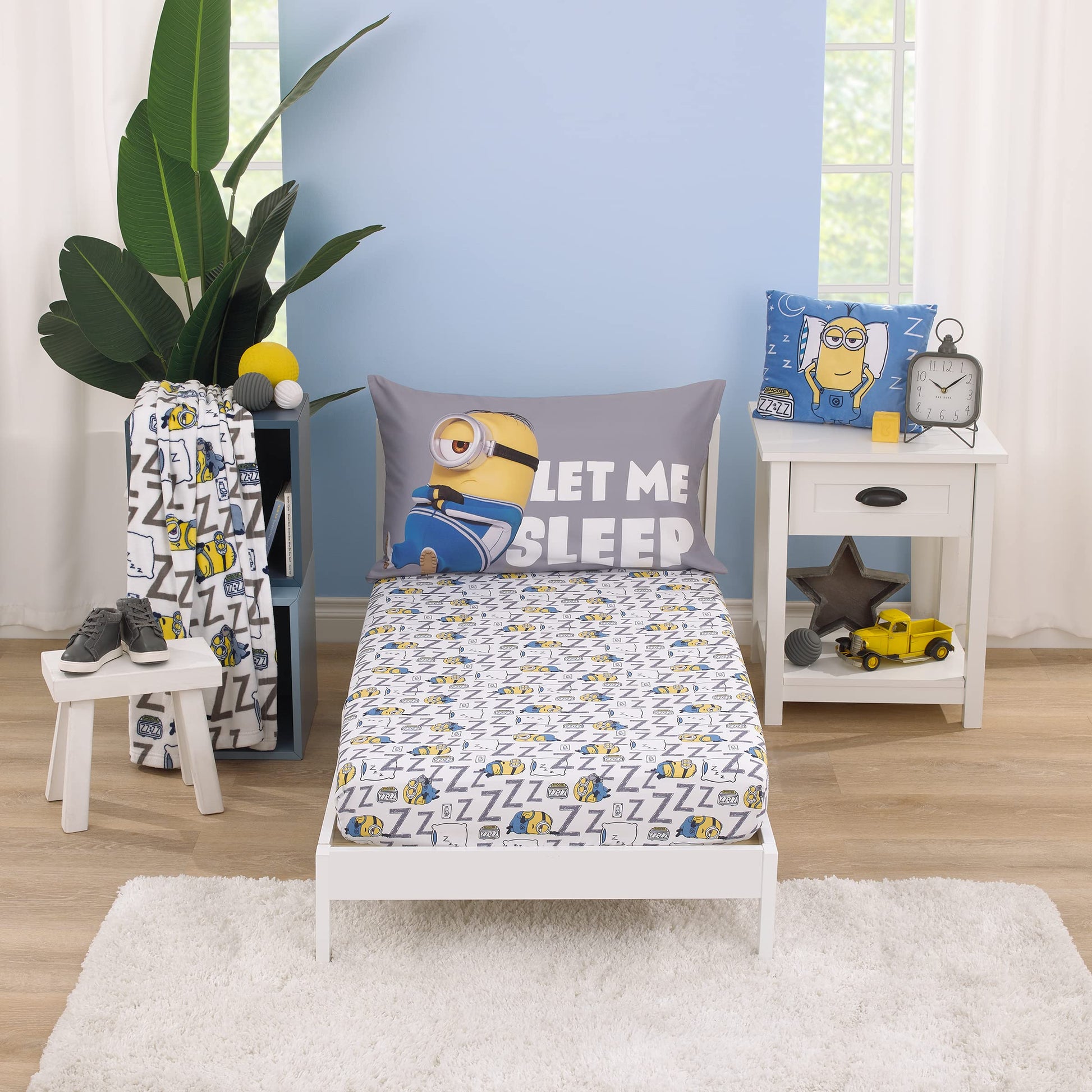 Illumination Lazy Minions Club Gray, Blue, Yellow, And White Let Me Sleep 2 Piece Toddler Sheet Set - Fitted Bottom Sheet, Rever