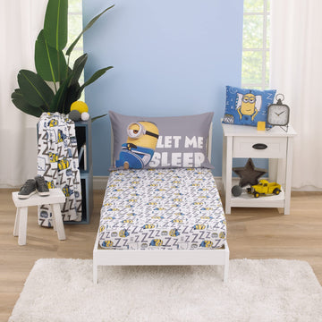 Illumination Lazy Minions Club Gray, Blue, Yellow, And White Let Me Sleep 2 Piece Toddler Sheet Set - Fitted Bottom Sheet, Rever