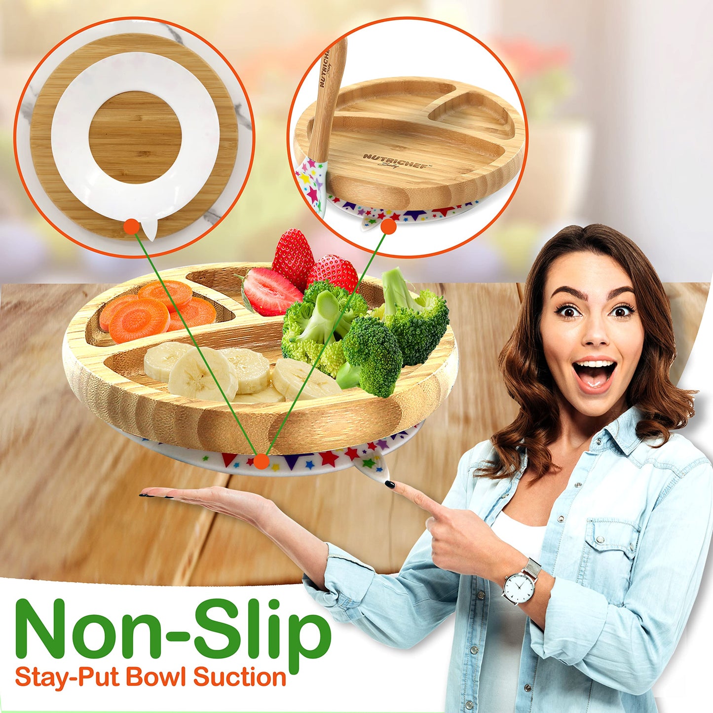 Nutrichef Round Bamboo Baby Plate, Star Set With Cup