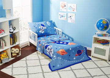 Everyday Kids 4 Piece Toddler Bedding Set - Outer Space Adventures - Includes Comforter, Flat Sheet, Fitted Sheet And Reversible