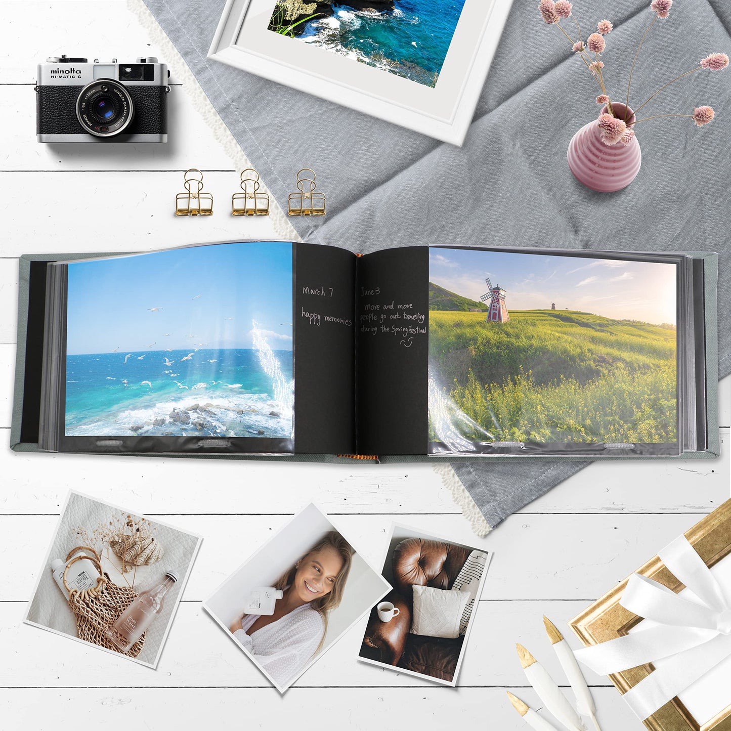 Holoary Small 4X6 Photo Album, Linen Hard Cover, Holds 50 Photos, Black Page Traditional Book Bound, Mini Brag Book Baby Album,