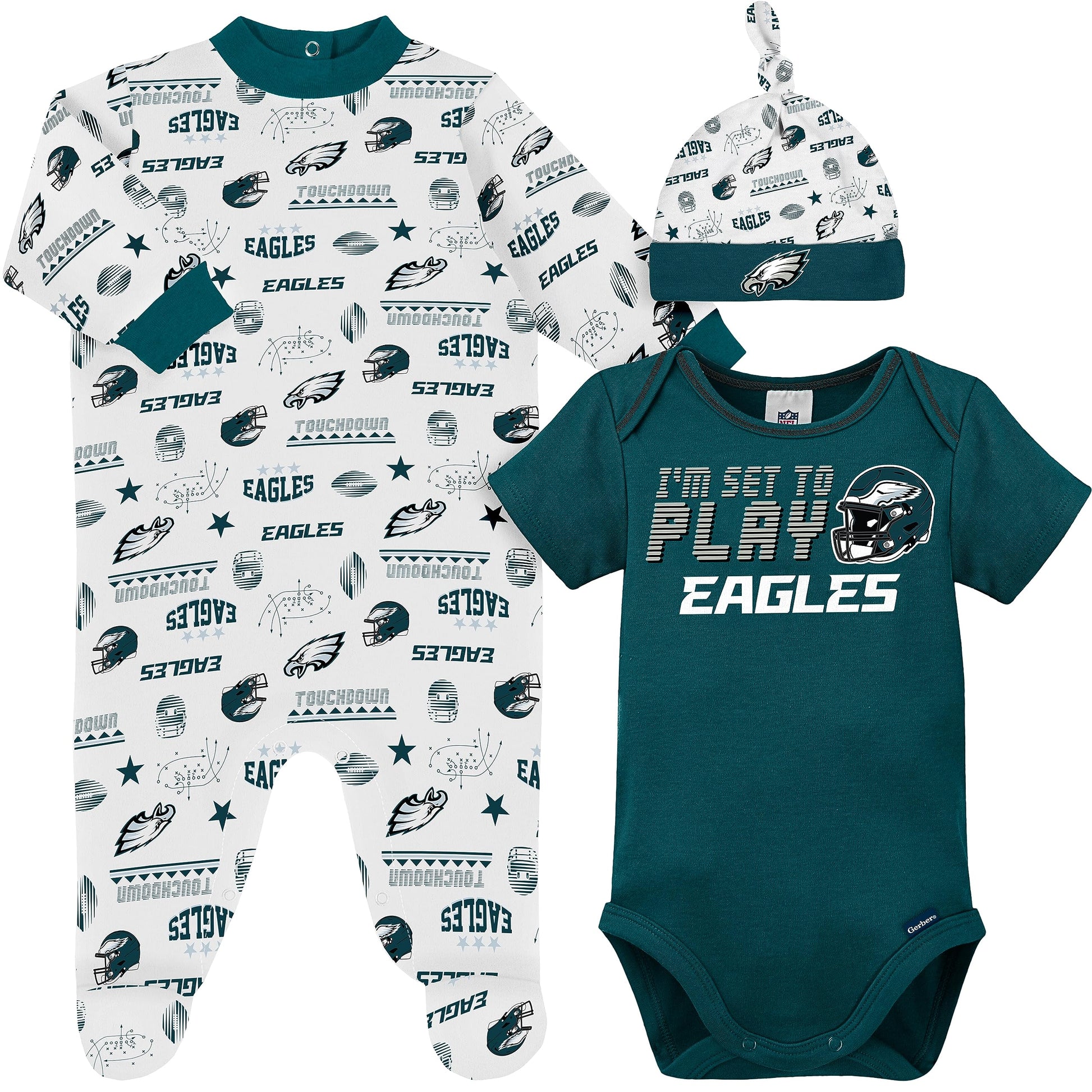Nfl Philadelphia Eagles 3 Pack Bodysuit Sleep N Play Footie Cap Registry Gift Set, Green/White Philadelphia Eagles, 0-3M