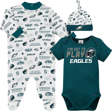 Nfl Philadelphia Eagles 3 Pack Bodysuit Sleep N Play Footie Cap Registry Gift Set, Green/White Philadelphia Eagles, 0-3M