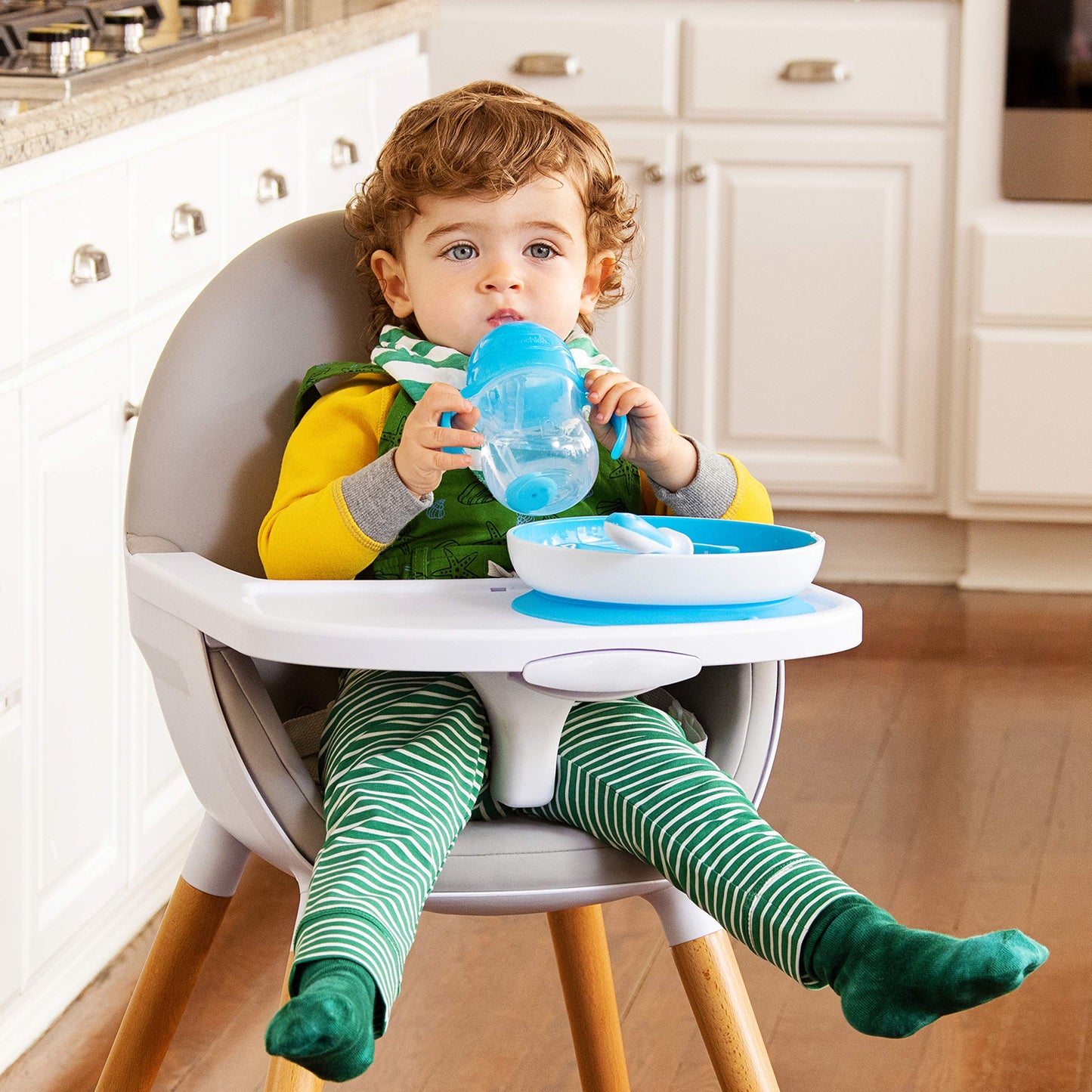 Munchkin Be Happy Toddler Feeding Supplies Gift Set, Includes Happy Face Suction Plate, Straw Cup And Utensil Set, Blue