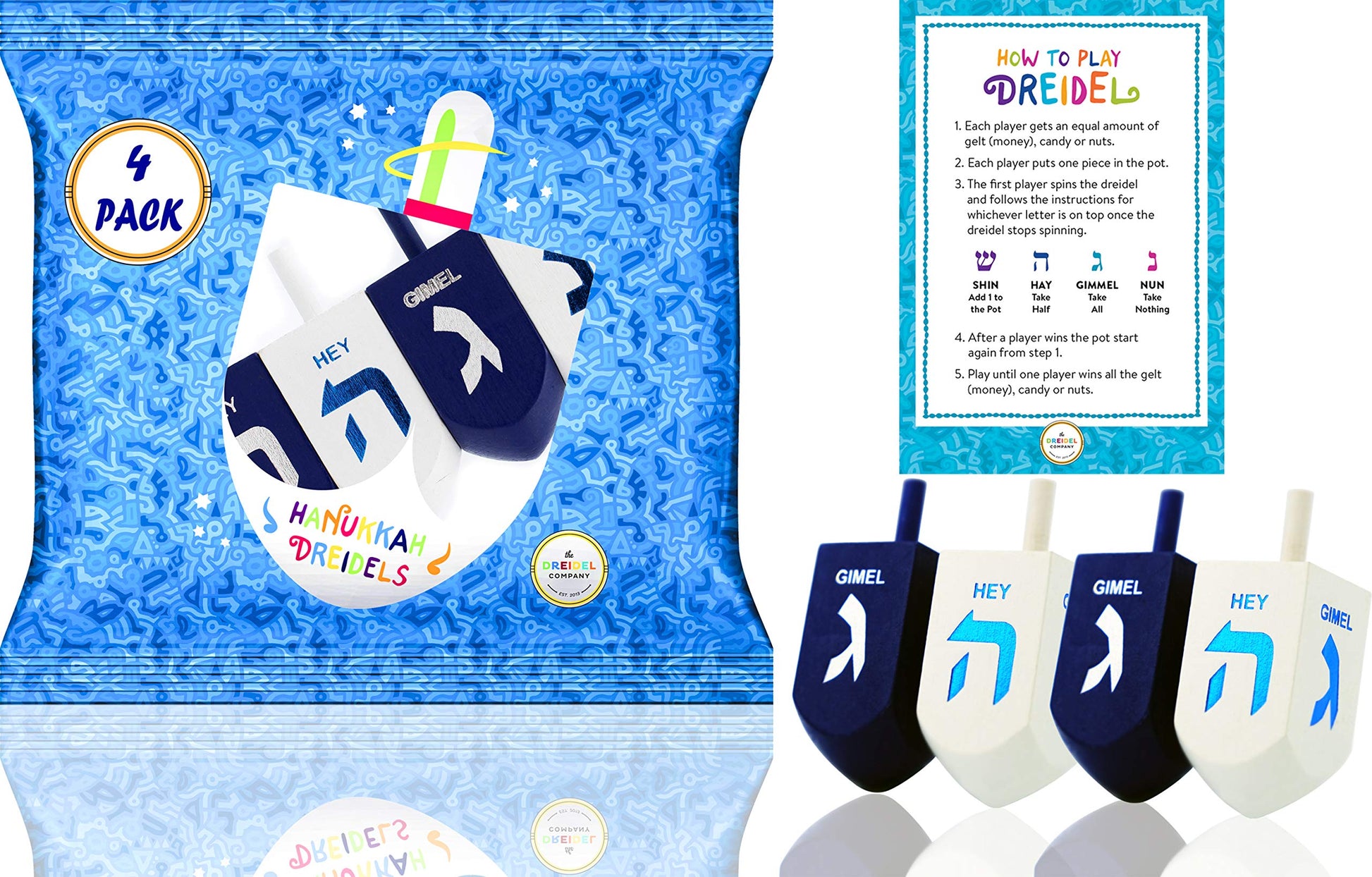 The Dreidel Company Hanukkah Hand Painted Extra Large Blue & White Wooden Dreidels - Includes Game Instruction Cards- (4-Pack Xl