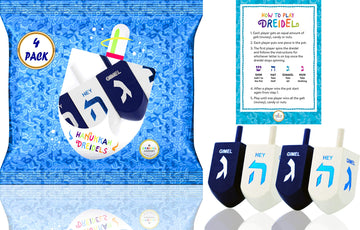 The Dreidel Company Hanukkah Hand Painted Extra Large Blue & White Wooden Dreidels - Includes Game Instruction Cards- (4-Pack Xl