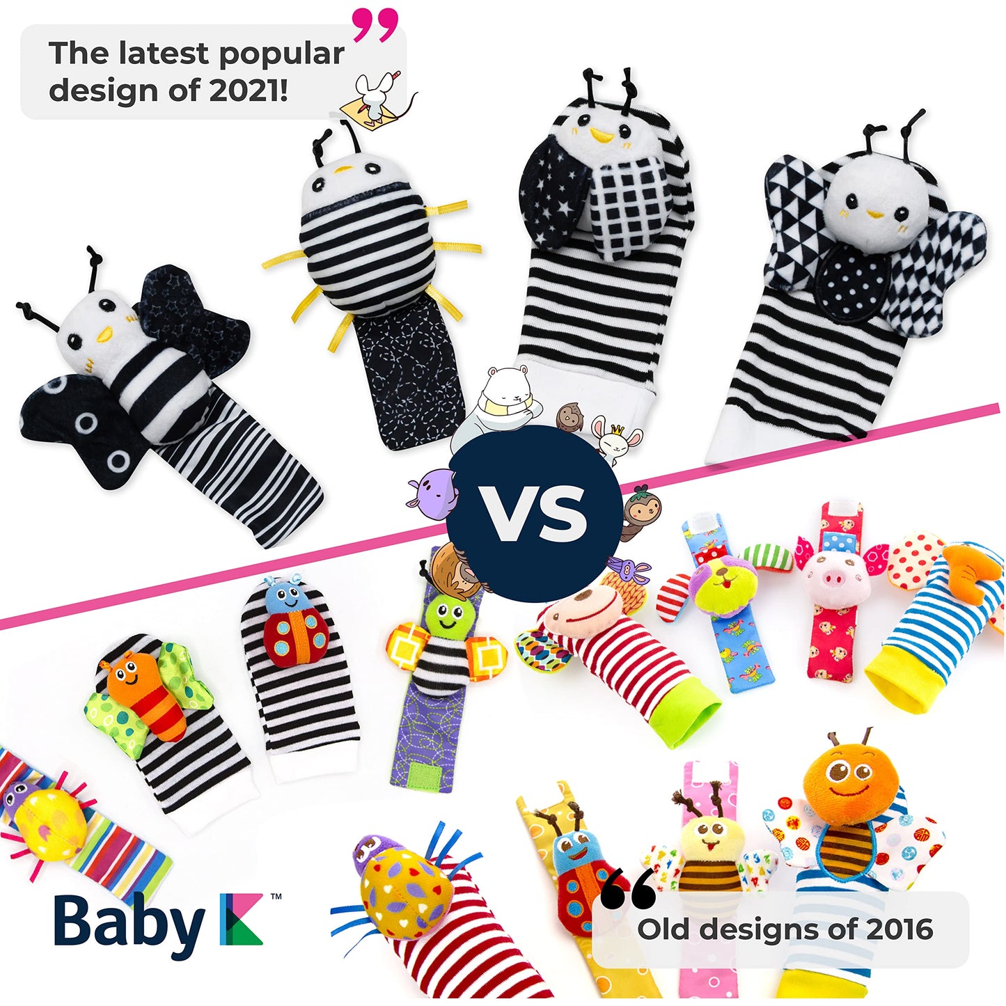 BABY K Baby Rattle Socks & Wrist Toys (Set E) - Newborn Toys for Baby Boy or Girl - Brain Development Infant Toys - Hand and Foo