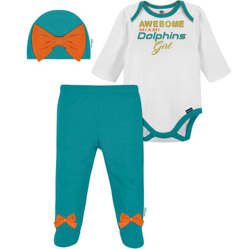 Nfl Baby Girls' 3Pc Bodysuit, Footed Pant, & Cap Set, Miami Dolphins, 0-3 Months