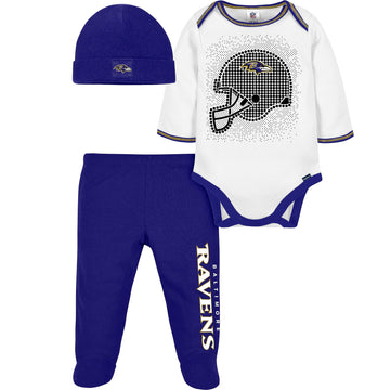 Gerber Nfl Baby Boys' 3Pc Bodysuit, Footed Pant, & Cap Set, Baltimore Ravens, 6-9 Months