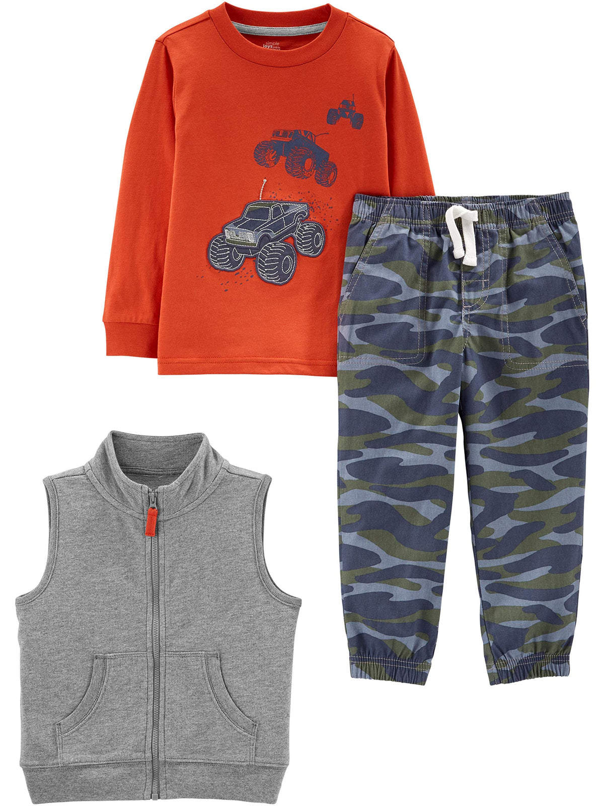 Simple Joys by Carters Toddler Boys 3Piece Fleece Vest, LongSleeve Shirt, and Woven Pant Playwear Set, Grey Heather/Navy Cam