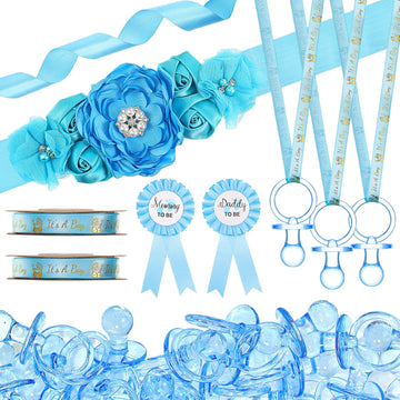 Konohan 53 Pcs Baby Shower Favors For Boy Maternity Flower Sash Belt Blue Large Acrylic Pacifier Mom To Be Dad To Be Badge Pin I