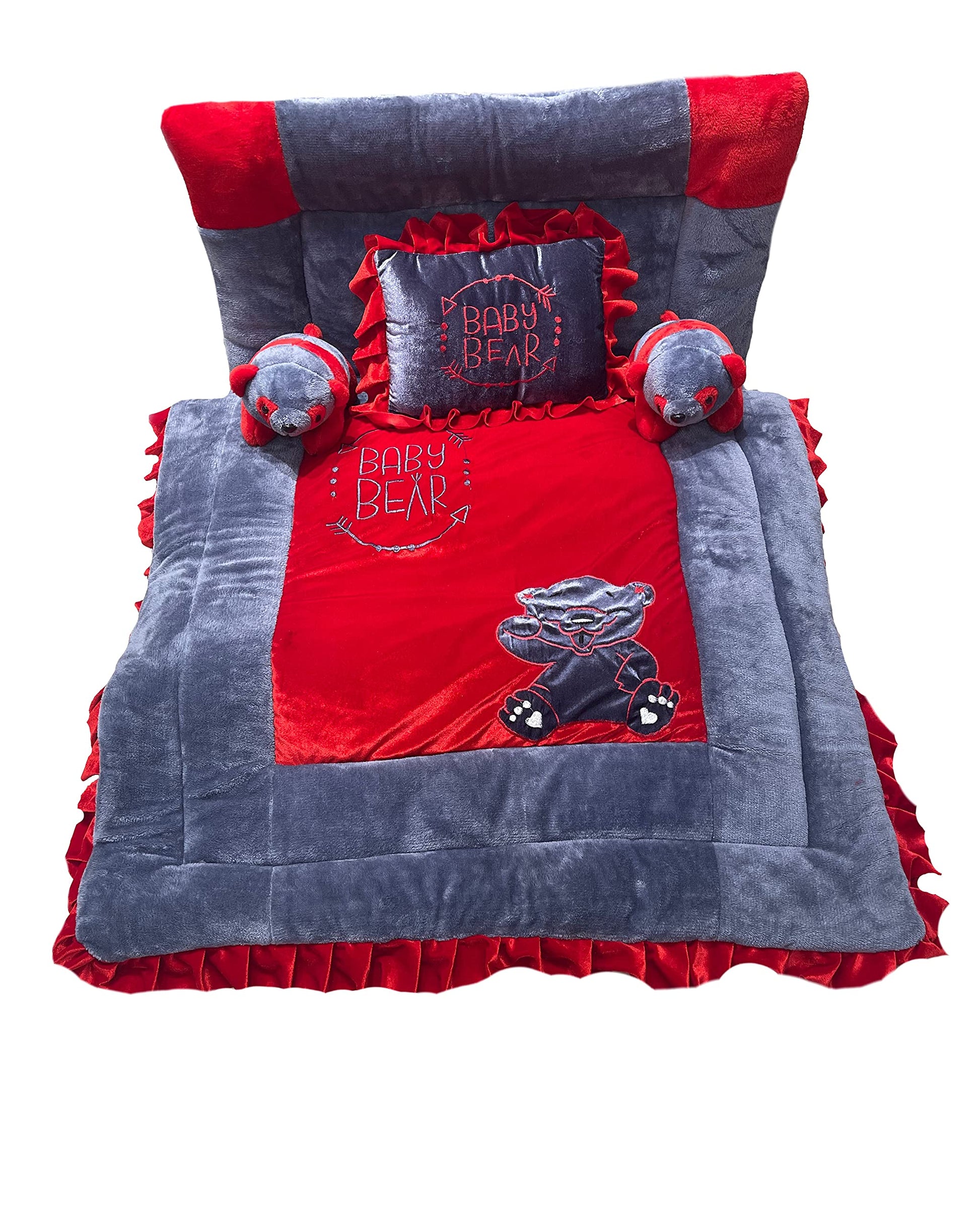 Pinks And Blues Full Sleeping 5 Piece Baby Bedding Set With Two Bear Shape Side Pillows (048 Months) (Red Grey)