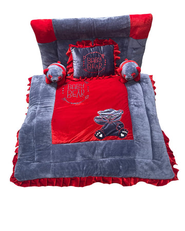 Pinks And Blues Full Sleeping 5 Piece Baby Bedding Set With Two Bear Shape Side Pillows (048 Months) (Red Grey)