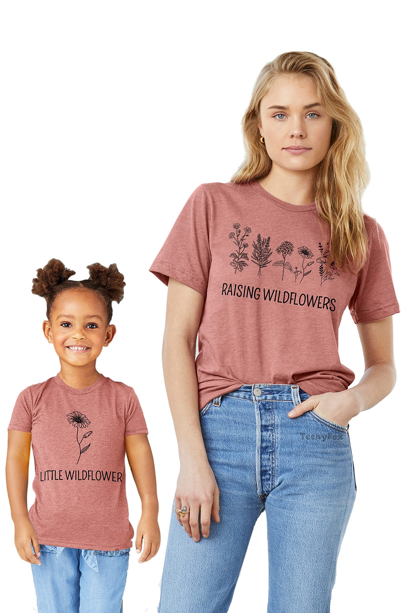 Teeny Fox Raising Wildflowers Little Sunflower Mother Daughter Matching Outfits Mom And Me Cute Family Shirts