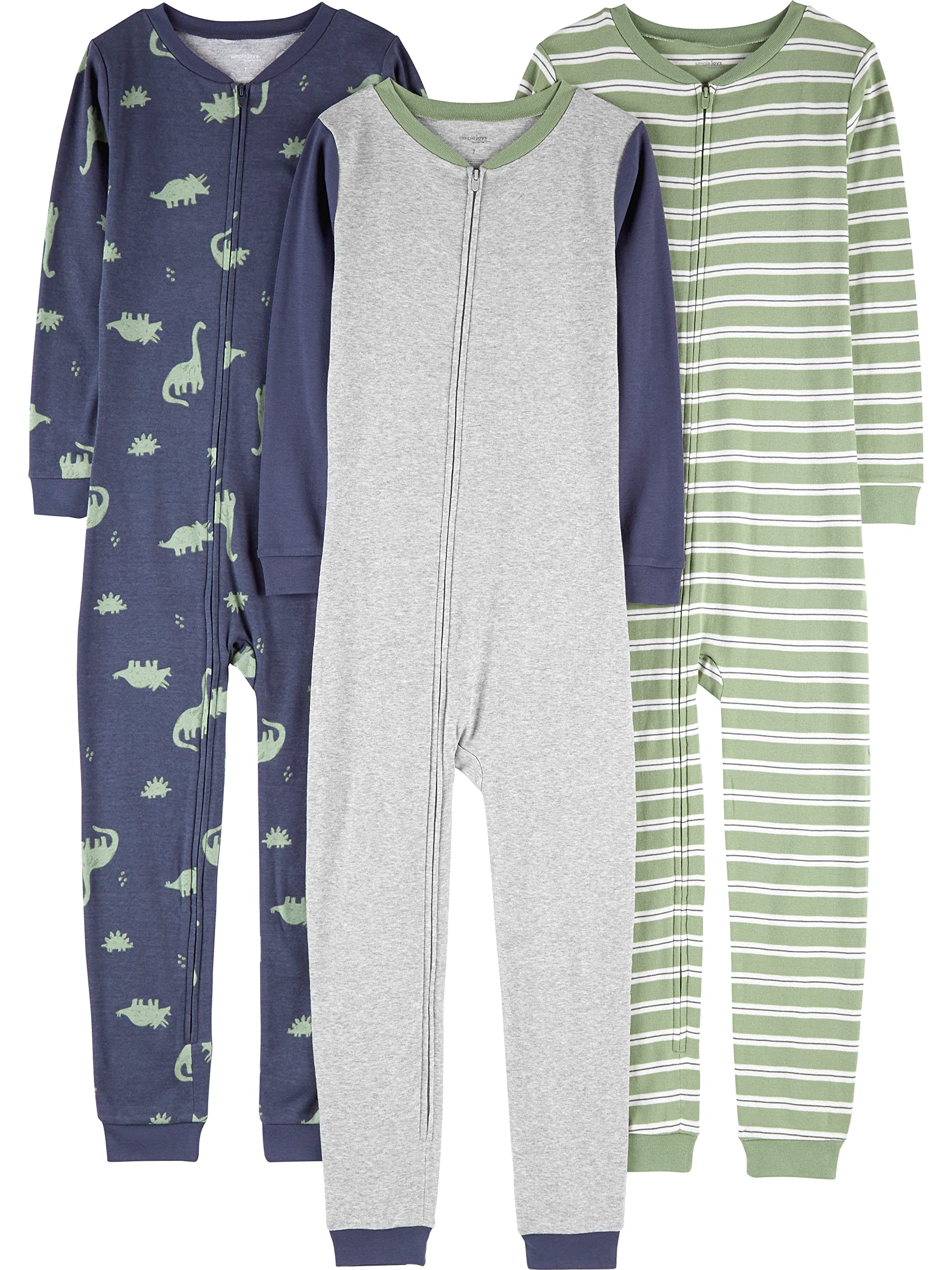 Simple Joys By Carter'S Baby Boys' Toddler 3-Pack Snug Fit Footless Cotton Pajamas, Grey Heather/Olive Dinosaur/Stripe, 4
