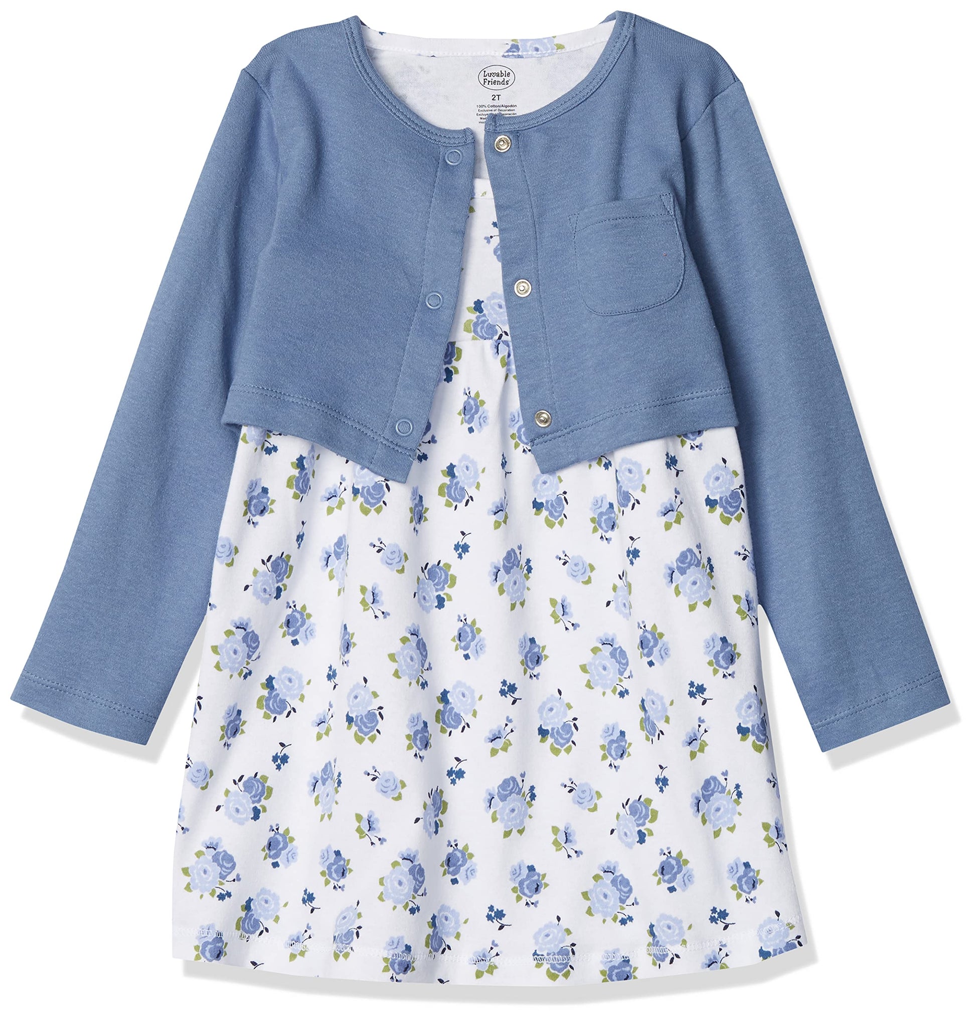 Luvable Friends Baby Girls And Cardigan Casual Dress, Blue Floral, 3T Us