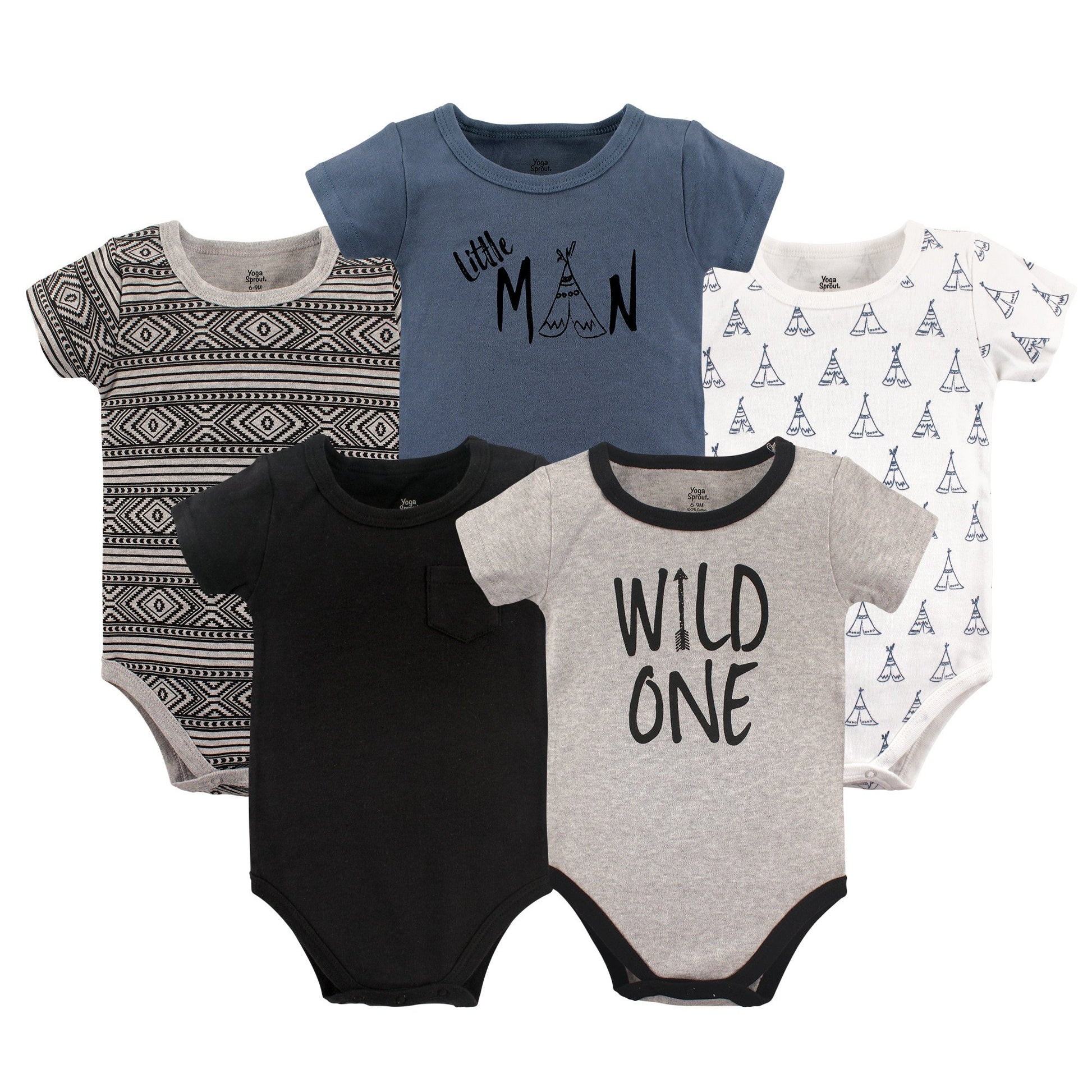 Yoga Sprout Cotton Bodysuit, 5 Pack, Wild One, 12-18 Months