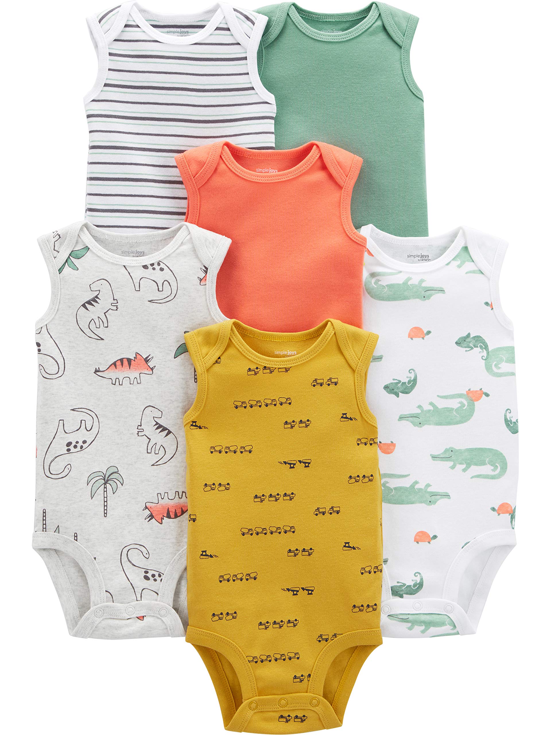 Simple Joys By Carters Unisex Babies Sleeveless Bodysuit, Pack Of 6, Trucksdinosauralligator, Preemie
