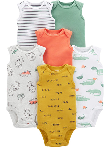 Simple Joys By Carters Unisex Babies Sleeveless Bodysuit, Pack Of 6, Trucksdinosauralligator, Preemie
