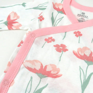 Honestbaby 3-Pack Organic Cotton Long Sleeve Side-Snap Kimono Onesies Bodysuits, Strawberry Pink Floral, Newborn
