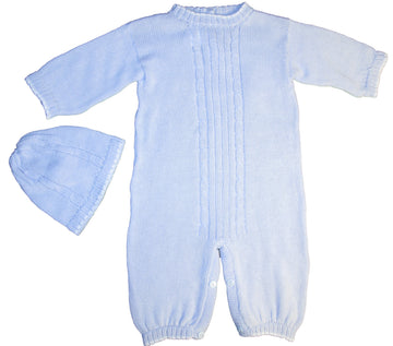 Christening Day 100% Cotton Baby Blue Boys 2 Piece Cable-Knit Longall With Cap - 6 Month