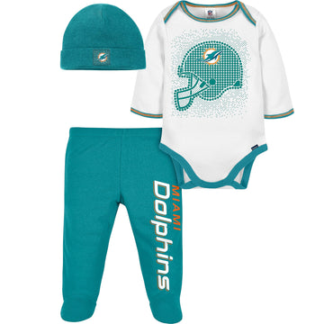 Gerber Nfl Baby Boys' 3Pc Bodysuit, Footed Pant, & Cap Set, Miami Dolphins, 0-3 Months