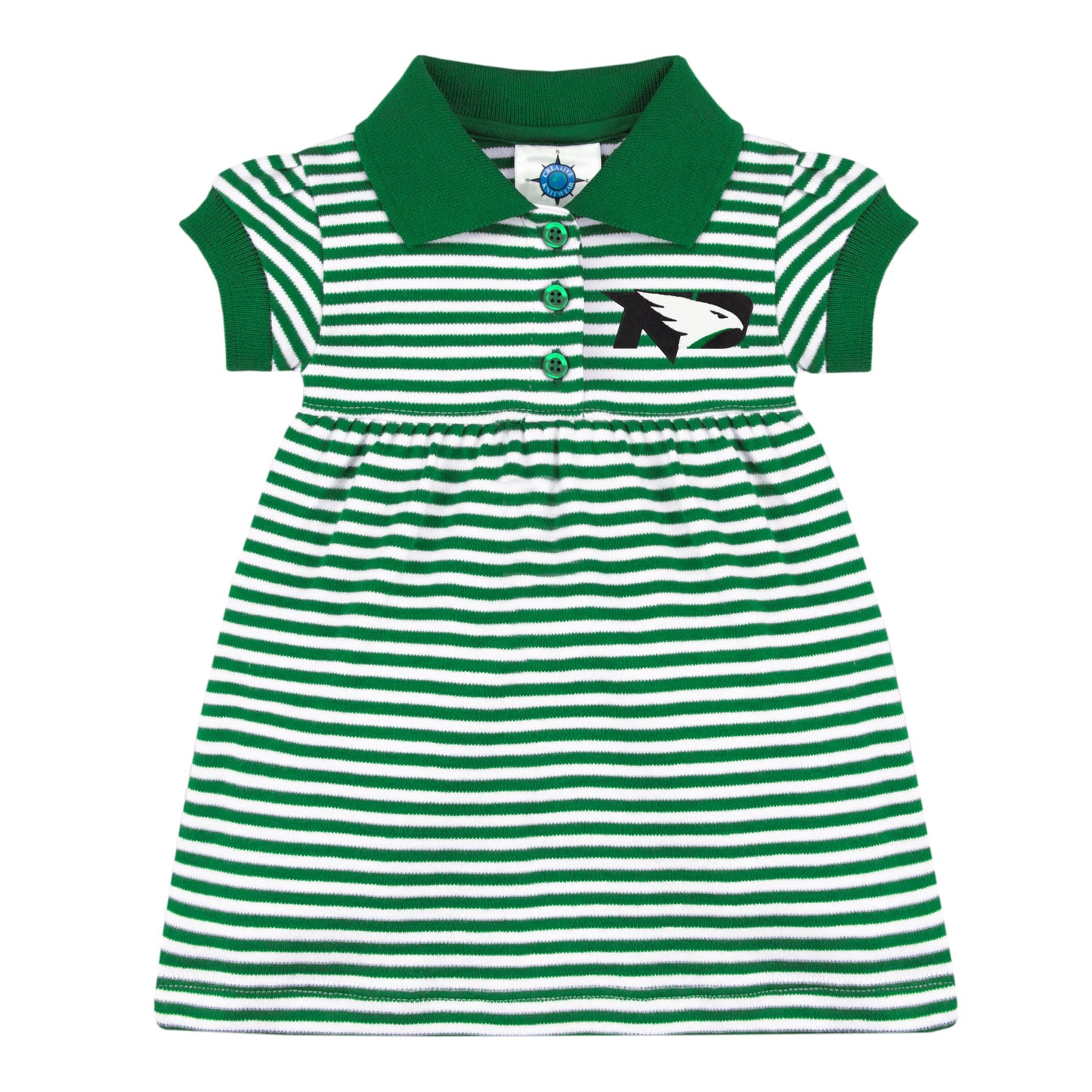 College Baby Striped Game Day Polo Dress With Bloomer - North Dakota Fighting Hawks Hawk Head Logo - Kelly/White - 12 Months