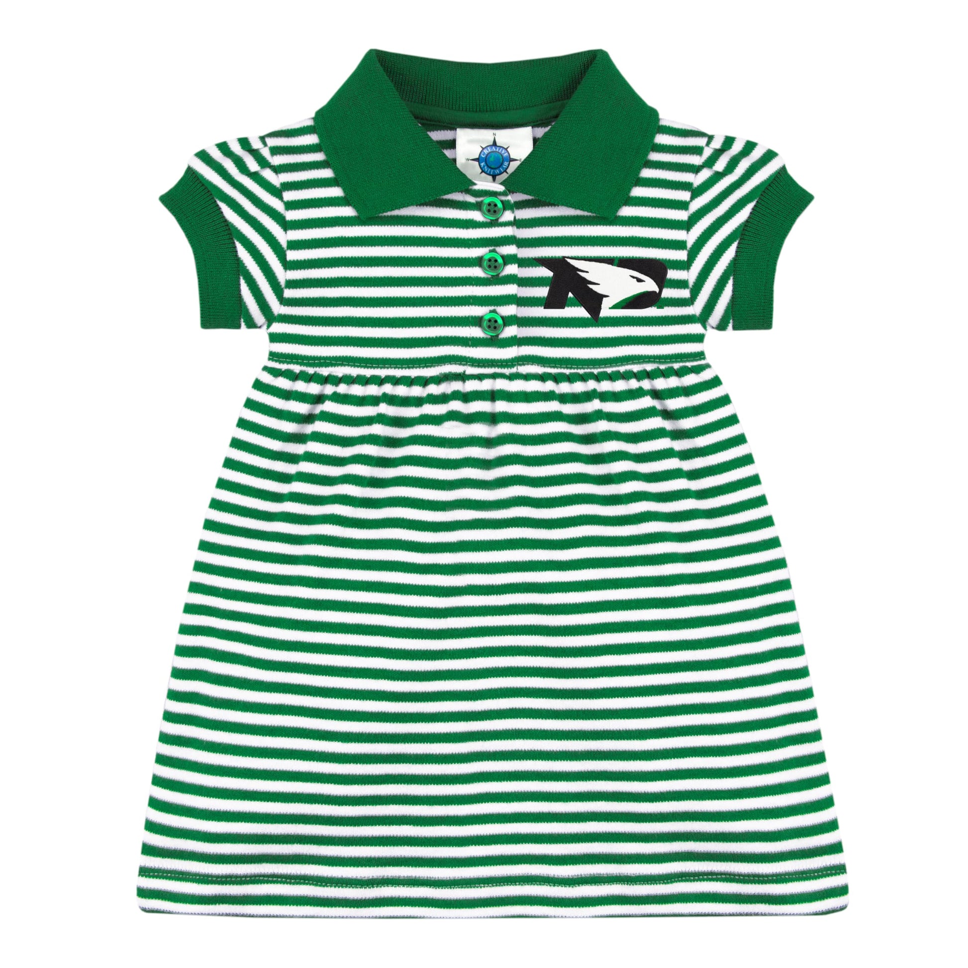 College Baby Striped Game Day Polo Dress With Bloomer - North Dakota Fighting Hawks Hawk Head Logo - Kelly/White - 12 Months