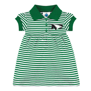 College Baby Striped Game Day Polo Dress With Bloomer - North Dakota Fighting Hawks Hawk Head Logo - Kelly/White - 12 Months