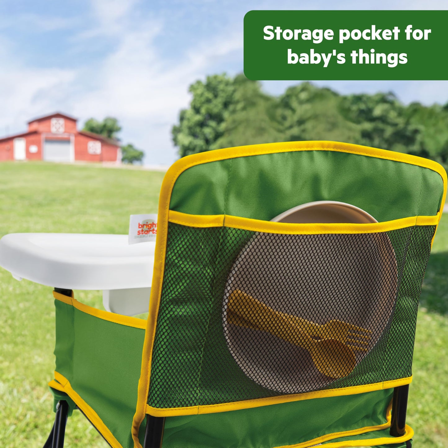 Bright Starts John Deere Pop N Dine Portable High Chair, Indoor/Outdoor, Dishwasher Safe Tray, Easy to Fold, Unisex, Green, 6 M