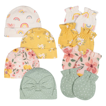 Gerber Baby Girls Cap And Mitten Sets Golden Floral Newborn