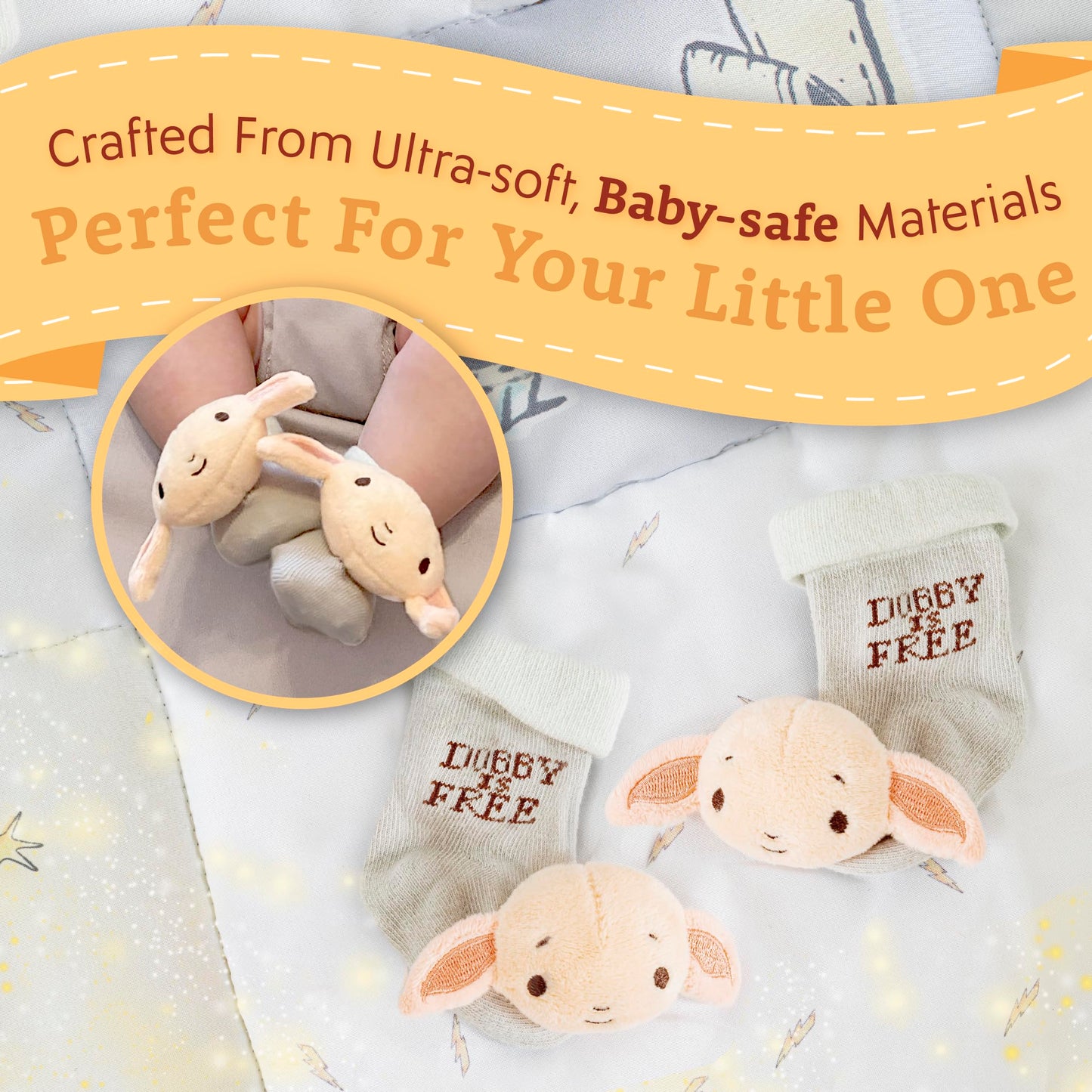 Kids Preferred Harry Potter Dobby Baby Infant Rattle Socks with Dobby Plush Rattle and Dobby is Free - Soft Baby Sock Feet Rattl