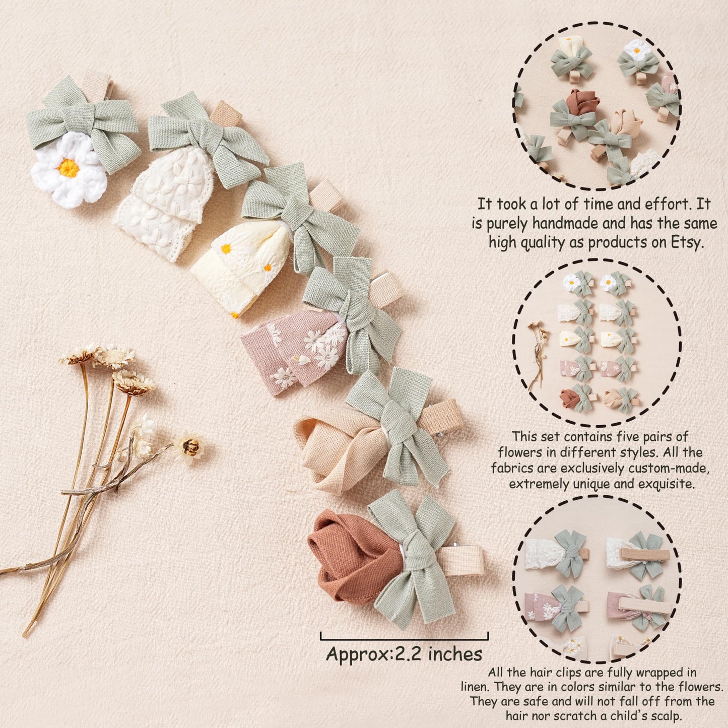 Hair Clips For Girls With Bows Flower,10 Pc 2' Fully Lined Alligator Clips And Barrettes,Handmade Hair Accessories For Baby Tod
