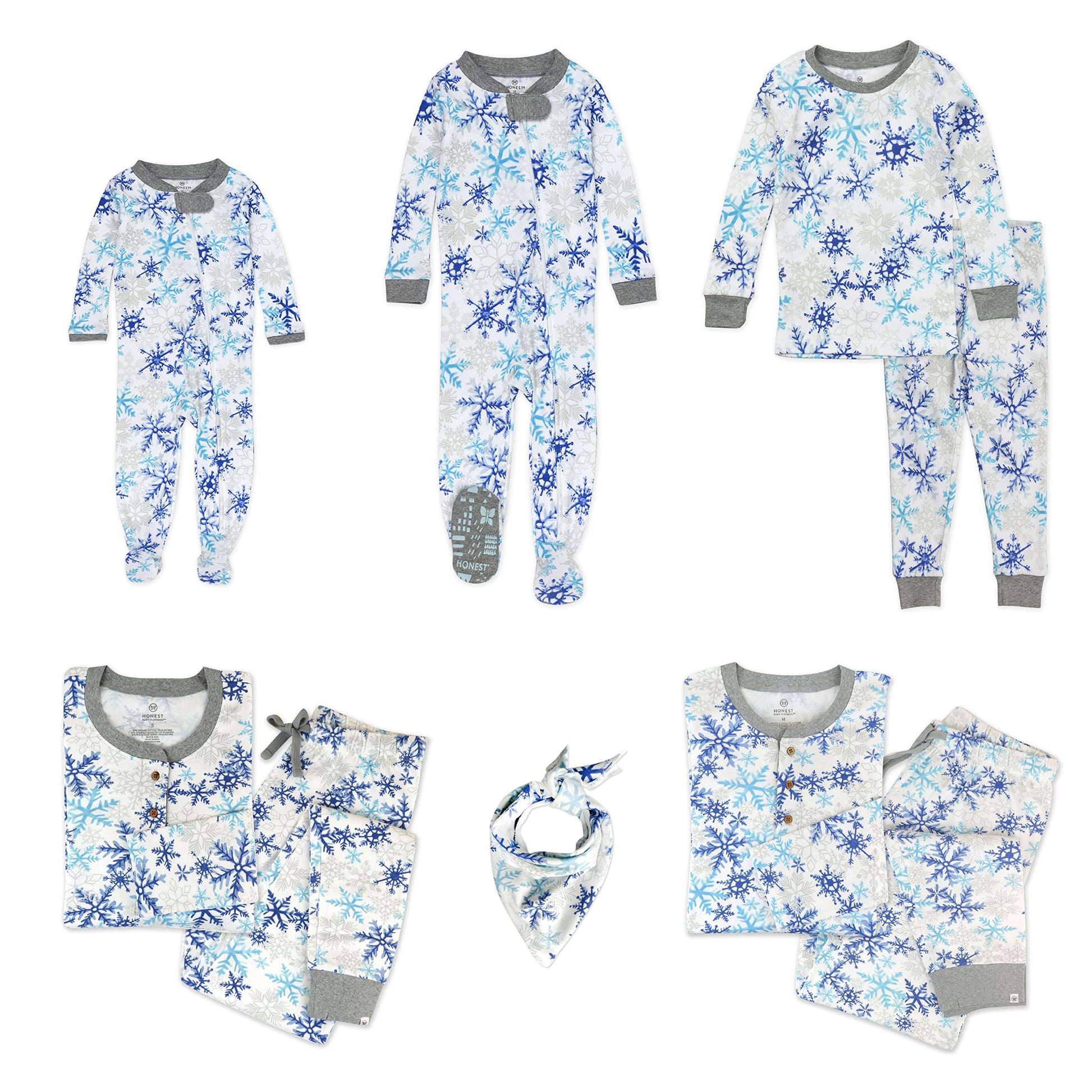 Honestbaby Baby Kids Organic Cotton Holiday Family Jammies, Falling Snowflakes White, 2-Piece Pajama Set Large
