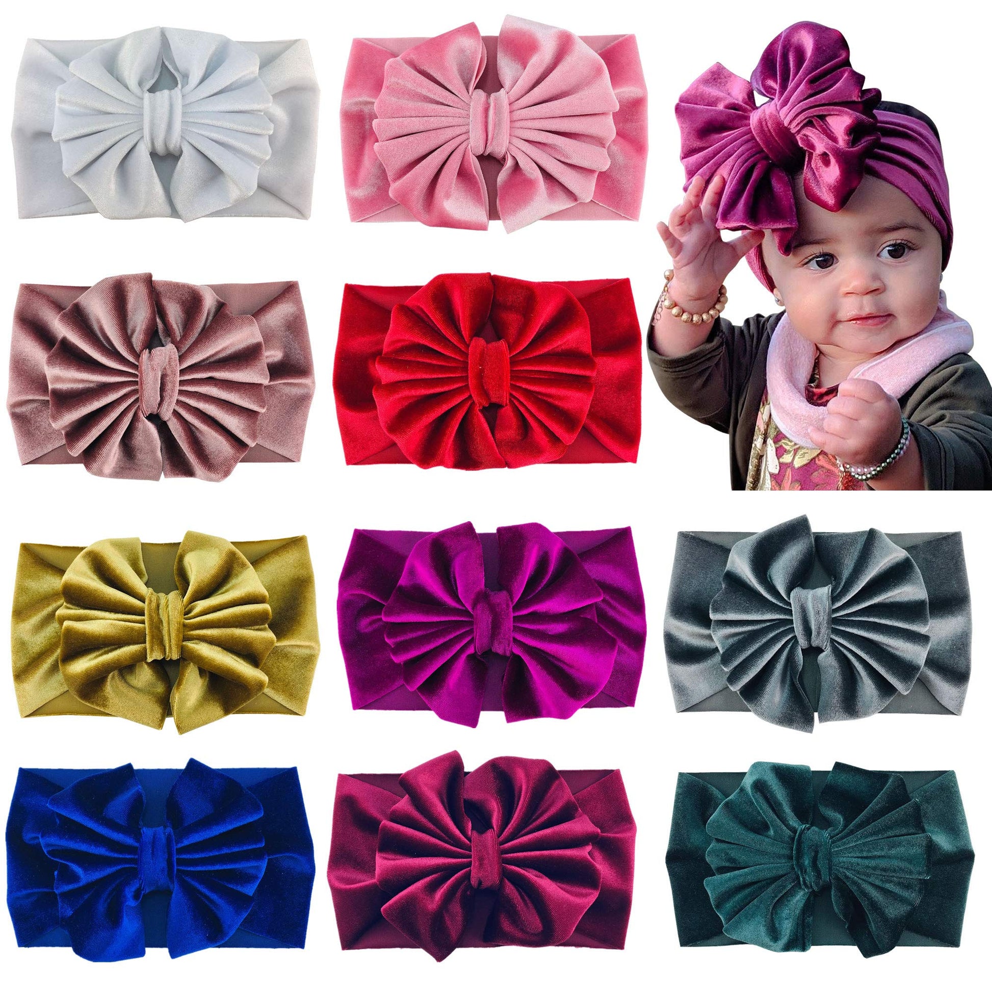 Insowni 10 Pack Solid Stretchy Velvet Big Bow Wide Headbands Headwraps Accessories For Baby Girls Toddlers Newborns Infants Kids
