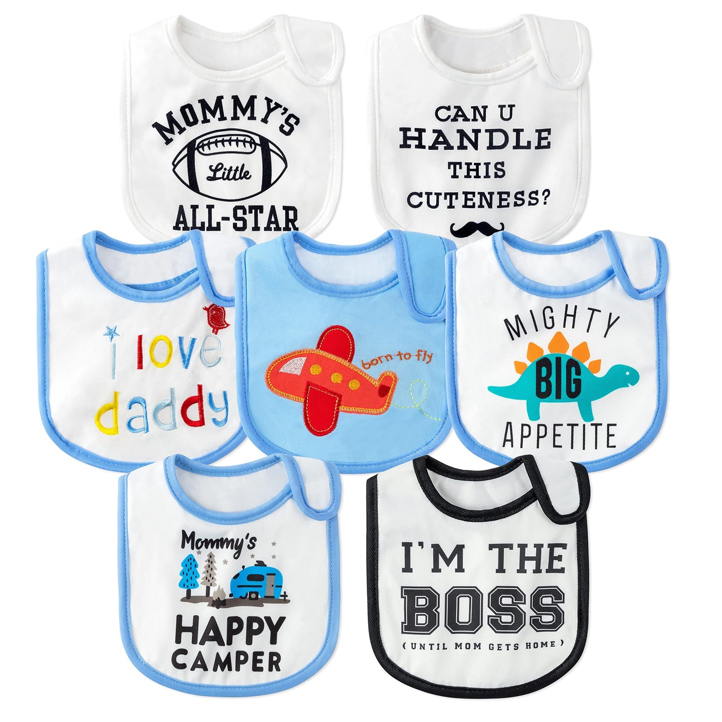 2Ooya 7Pcs Cotton Waterproof Baby Bibs Adjustable Hook Loop Closure Infant Bib Unisex Blue Newborn Infant Food Bibs Keepsake Bab